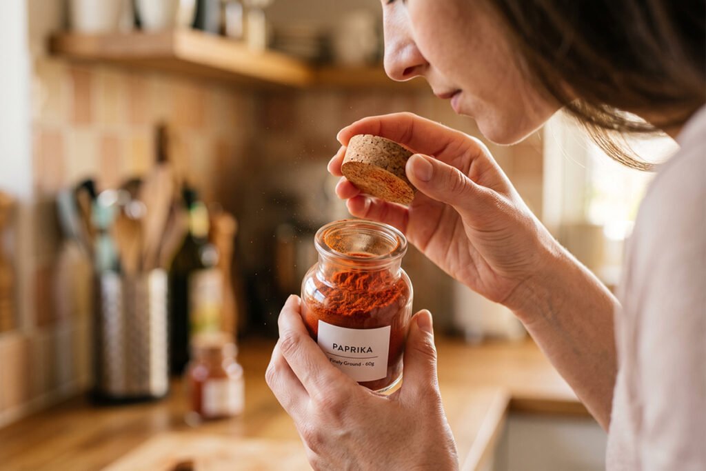 Opening a spice jar to smell and check the quality of ground seasonings