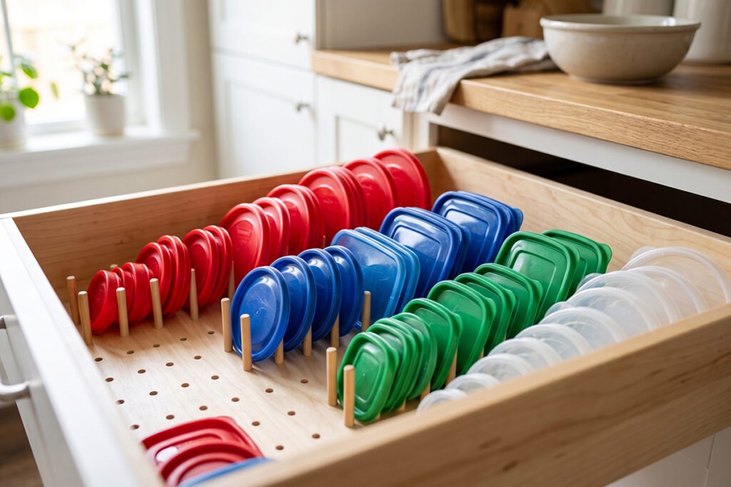 Organized Tupperware container lids sorted by size and color in a wooden pegboard drawer