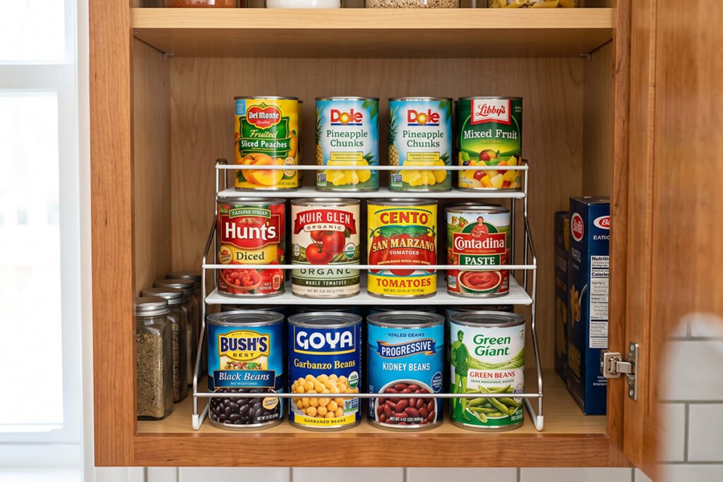 Organized cabinet featuring a tiered can organizer holding categorized food cans