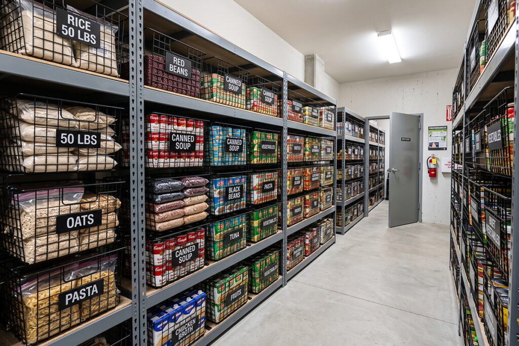 Organized emergency food stockpile featuring grains
