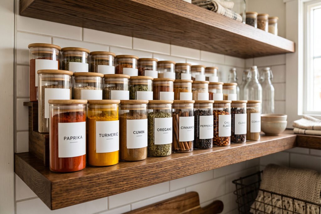 Organized pantry shelf featuring neatly labeled glass jars for bulk spice storage
