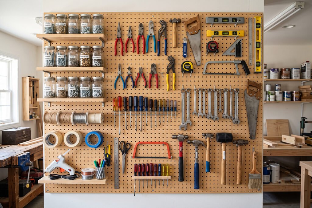 Organized utility room pegboard holding tools