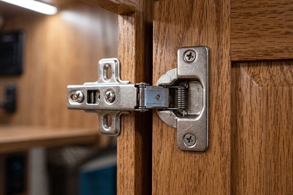 Overhead RV cabinet door held open automatically by a silver gas strut arm