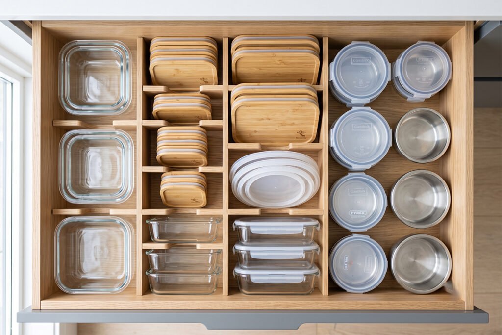 Overhead view of a fully organized kitchen drawer with customized divider sections