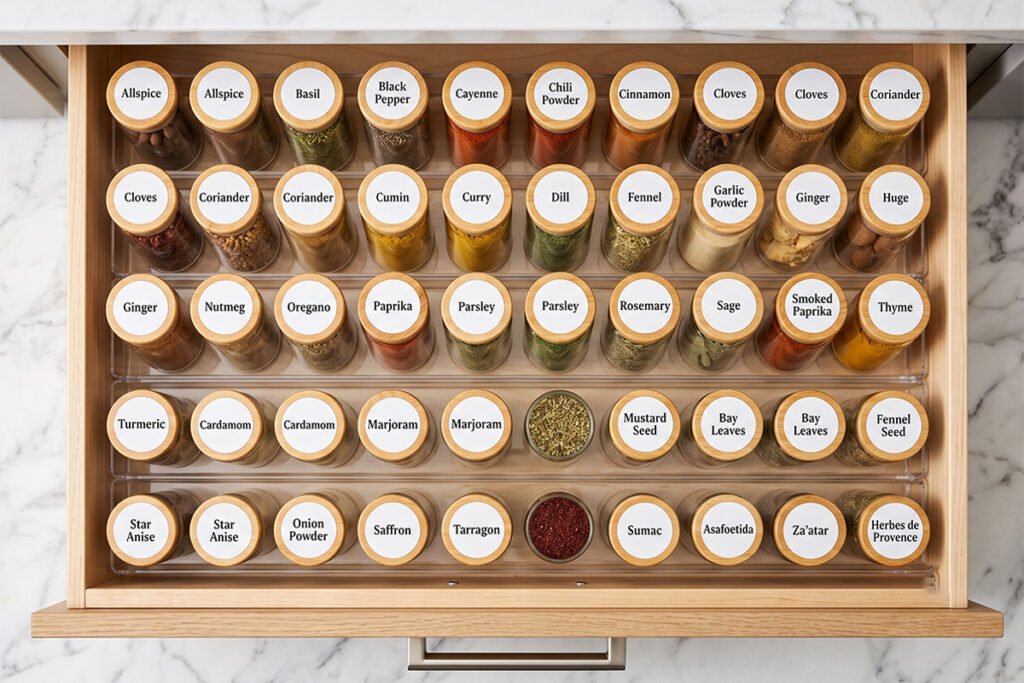 Overhead view of an open modern kitchen drawer showing neatly arranged easily r
