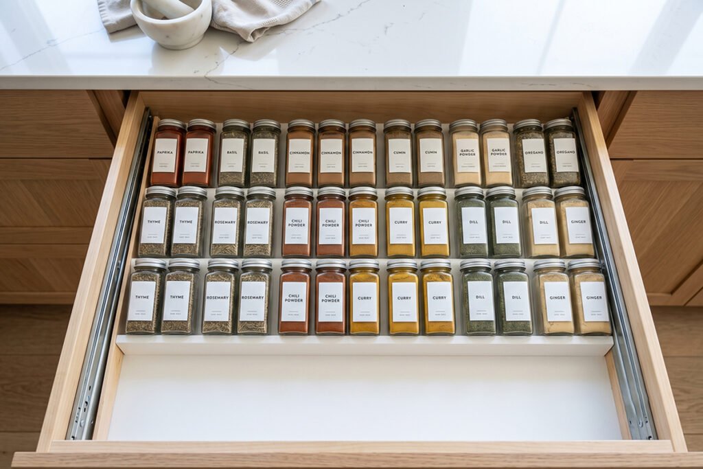 Overhead view of perfectly organized spice jars featuring custom waterproof labels_