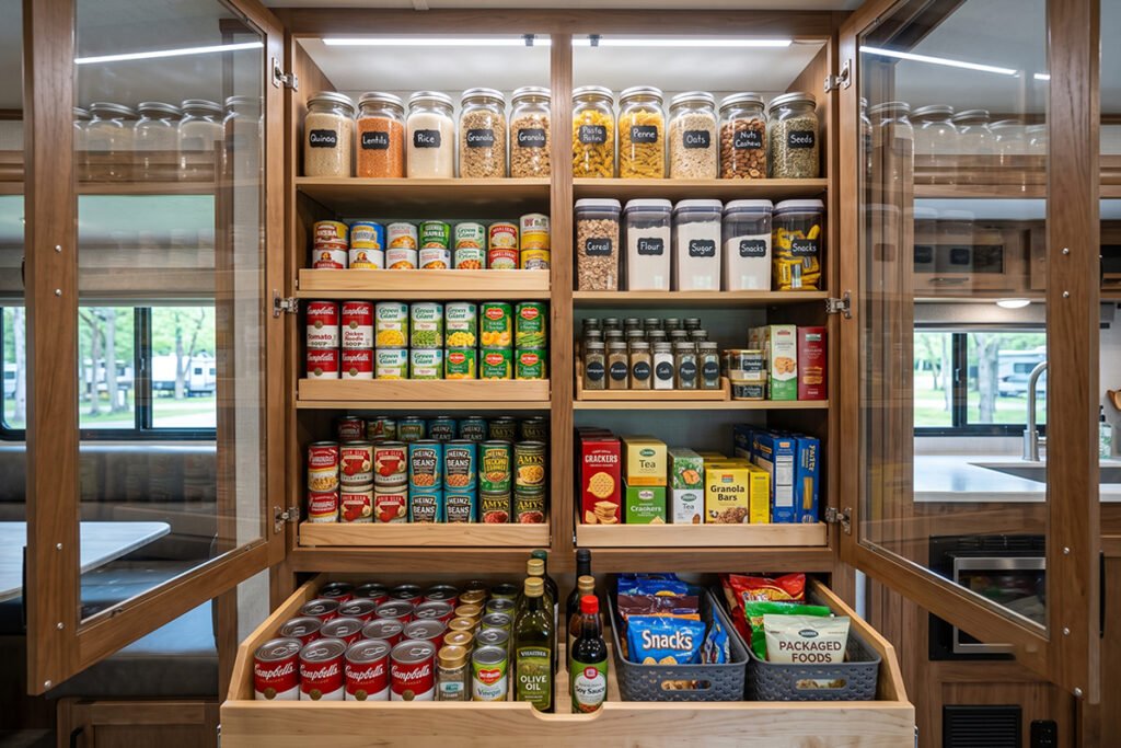 Overview of a fully packed RV pantry featuring organized non-perishable goods