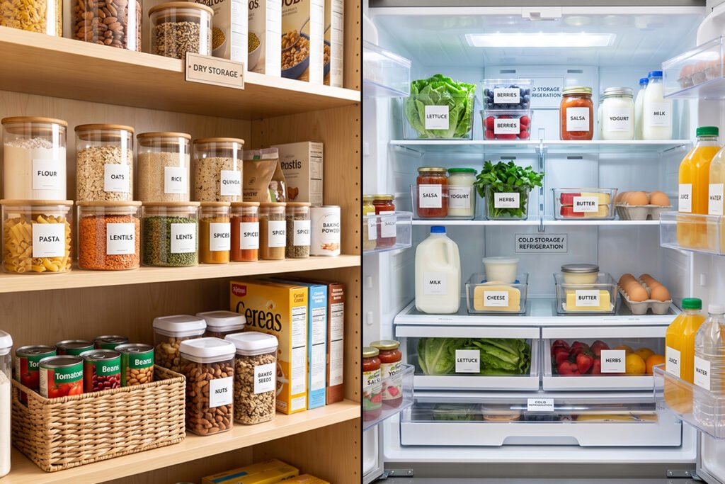Pantry warning concept showing proper storage items versus items to keep in the fridge