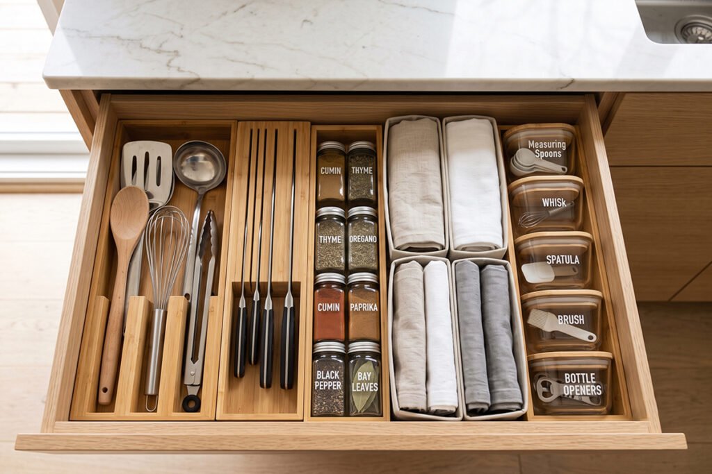 Perfectly arranged drawer following KonMari principles with all items stored strictly upright
