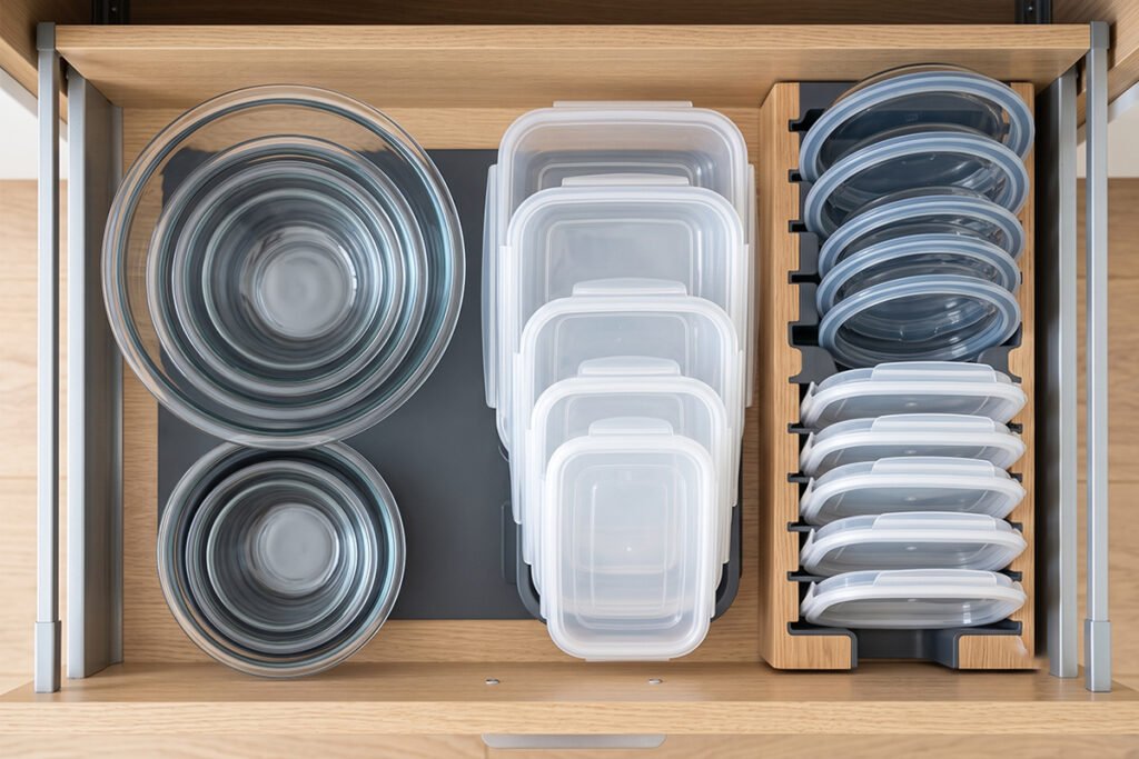 Perfectly stacked matching bowls next to upright lids inside a clean drawer