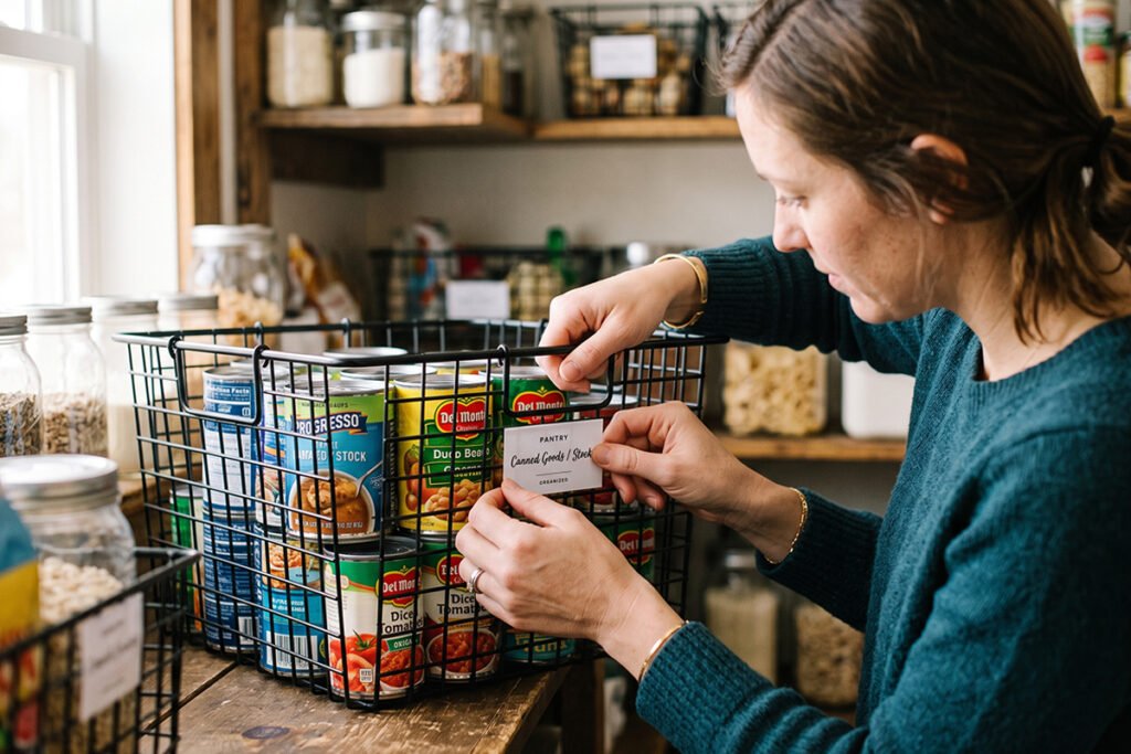 Person applying clear labels to wire storage baskets filled with canned goods