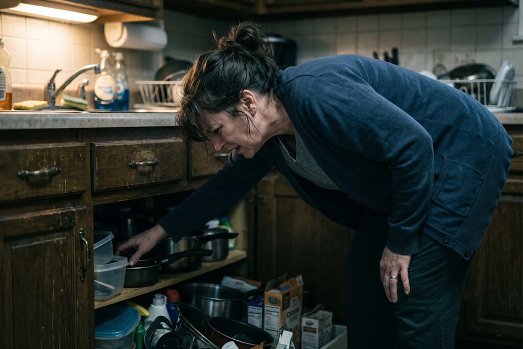 Person bending uncomfortably to reach into a dark, cluttered lower kitchen cabinet