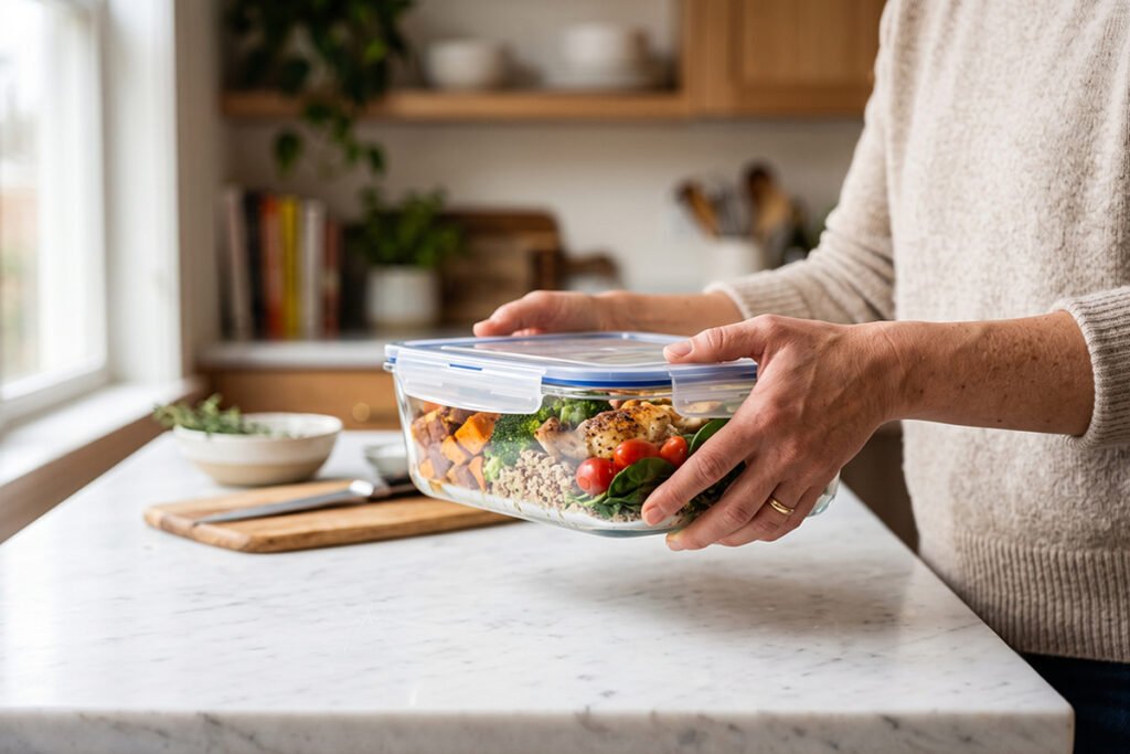 Person carefully carrying a heavy glass meal prep container over a kitchen counter