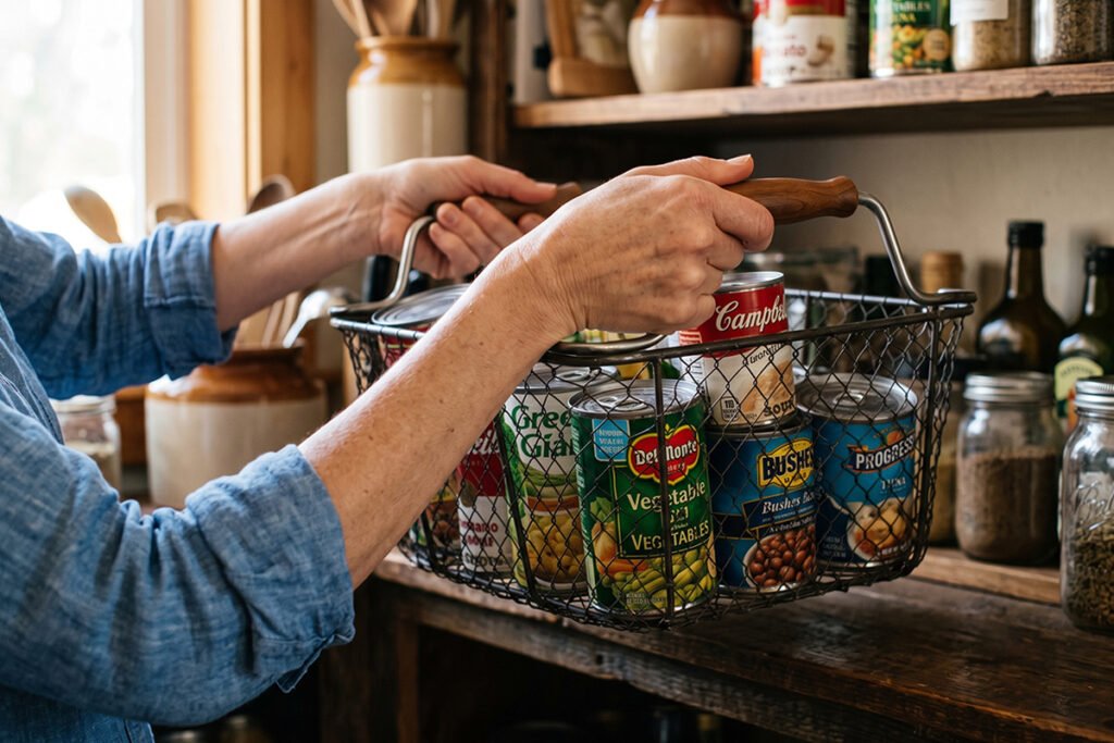 Person carrying a heavy-duty wire pantry basket filled with canned food using ergonomic handles