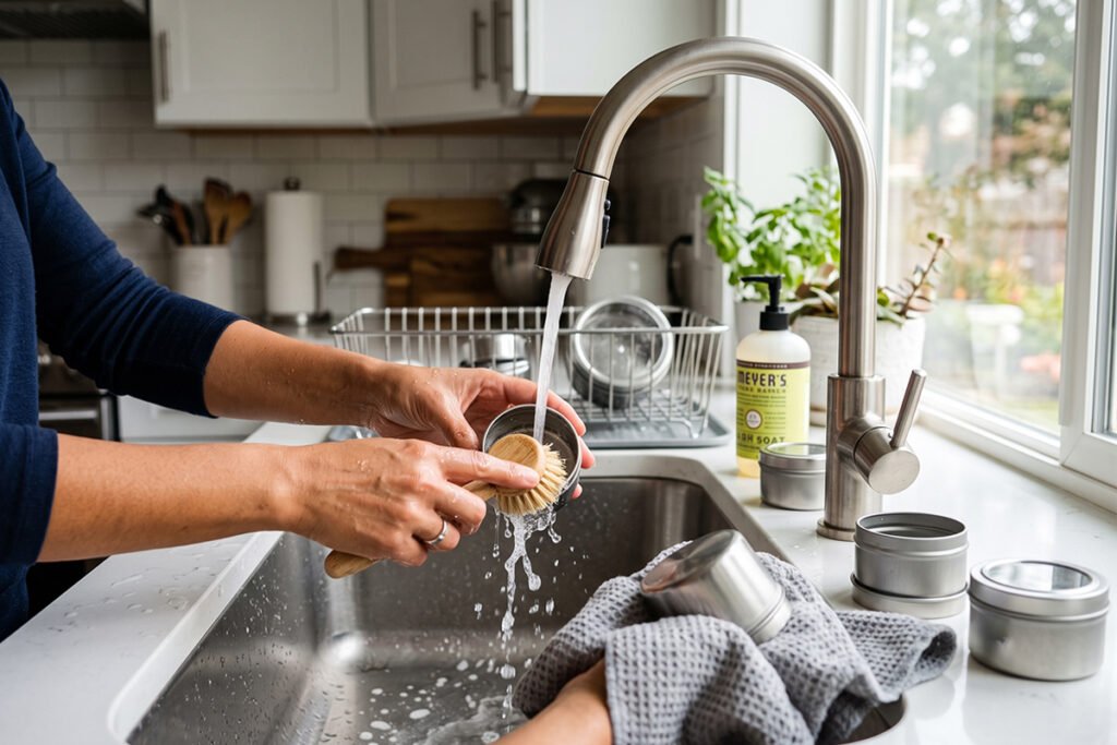 Person hand-washing and carefully wiping dry metal spice tins at a kitchen sink to prevent rust
