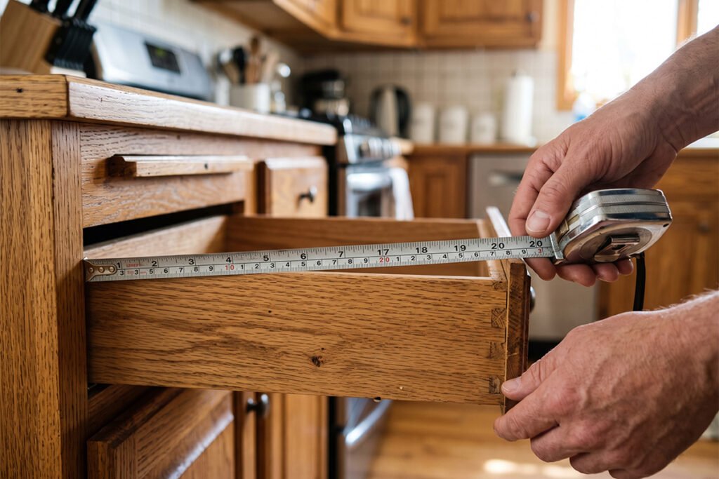 Person measuring internal kitchen drawer depth and width with a tape measure