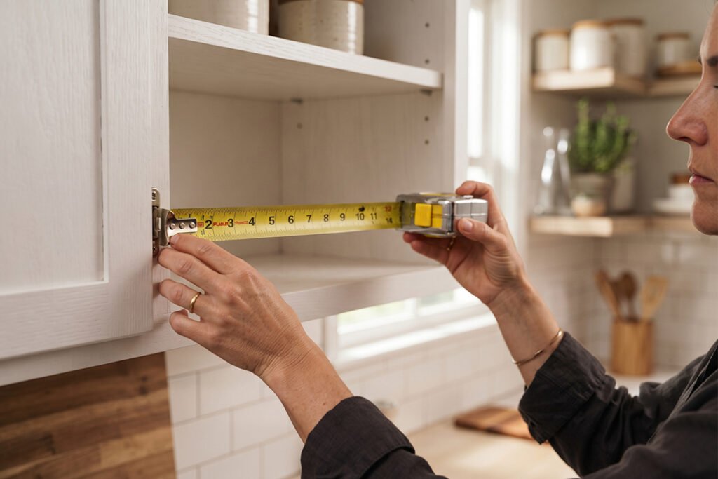 Person measuring kitchen cabinet shelf dimensions with a tape measure prior to organizing