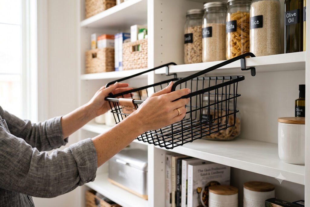 Person sliding a wire hanging basket onto a white pantry shelf