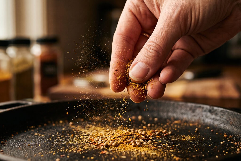 Person testing the freshness and aroma of old ground spices by crushing a pinch between their fingers