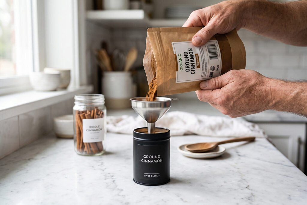 Person transferring commercially packaged spices into sleek