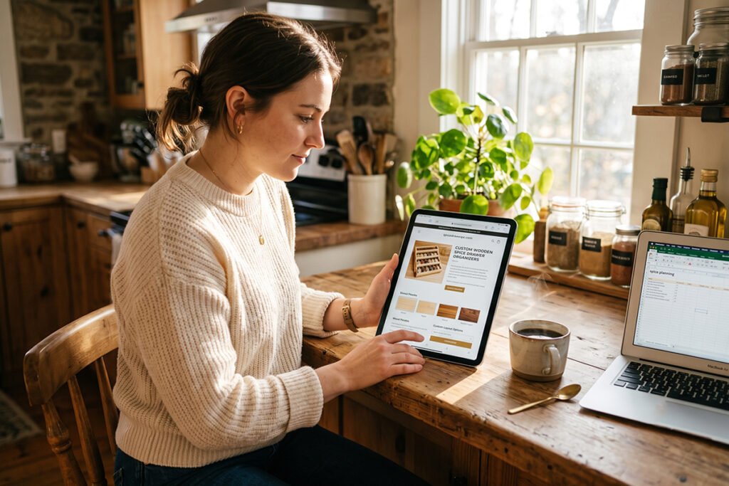 Person using a tablet to shop online for custom wooden spice drawer organizers