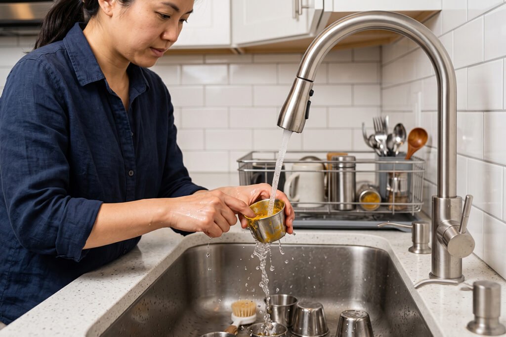 Person washing individual stainless steel spice cups in a clean kitchen sink