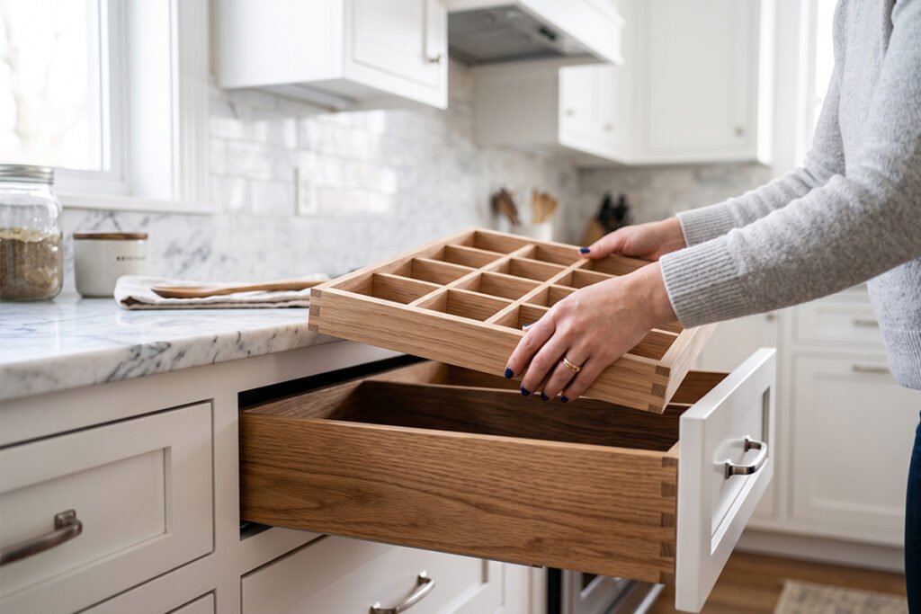 Placing a completed wooden grid insert into an open kitchen drawer