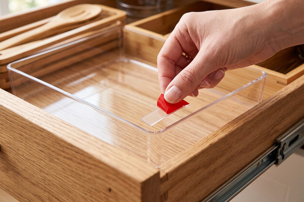 Placing double-sided removable tape on the underside of a clear drawer liner