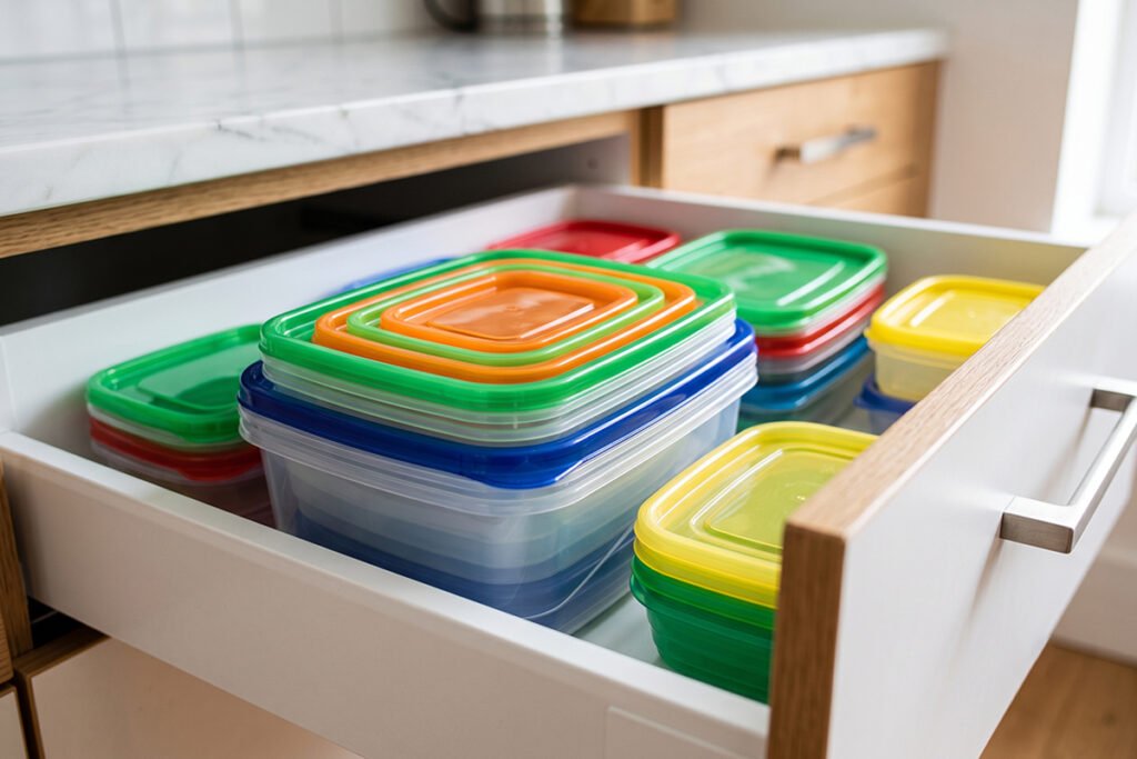 Plastic food storage containers nested by size inside a organized kitchen drawer