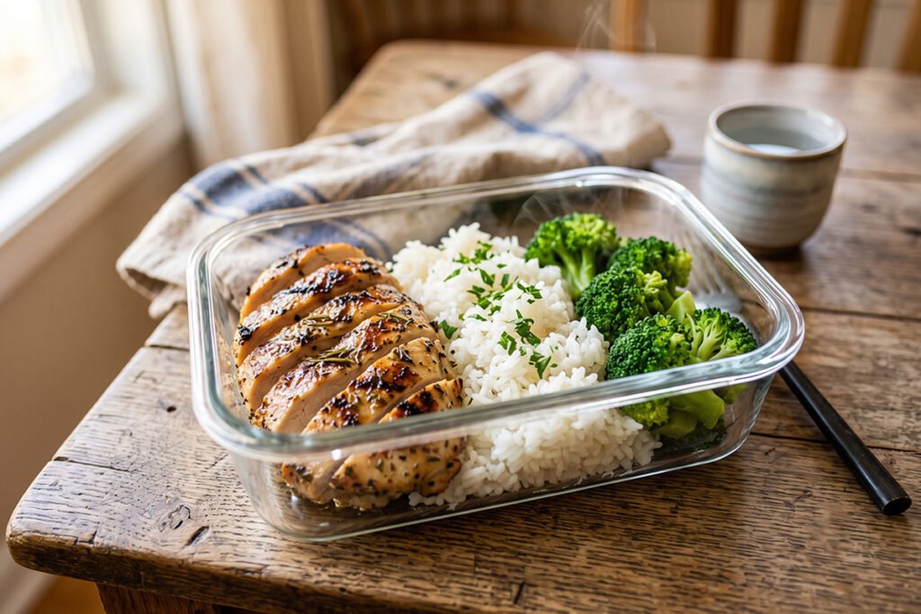 Portioned meal prep featuring grilled chicken and rice inside a 30 oz rectangular glass container