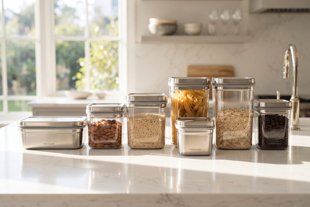 Premium quality stainless steel food storage containers lined up in a bright kitchen