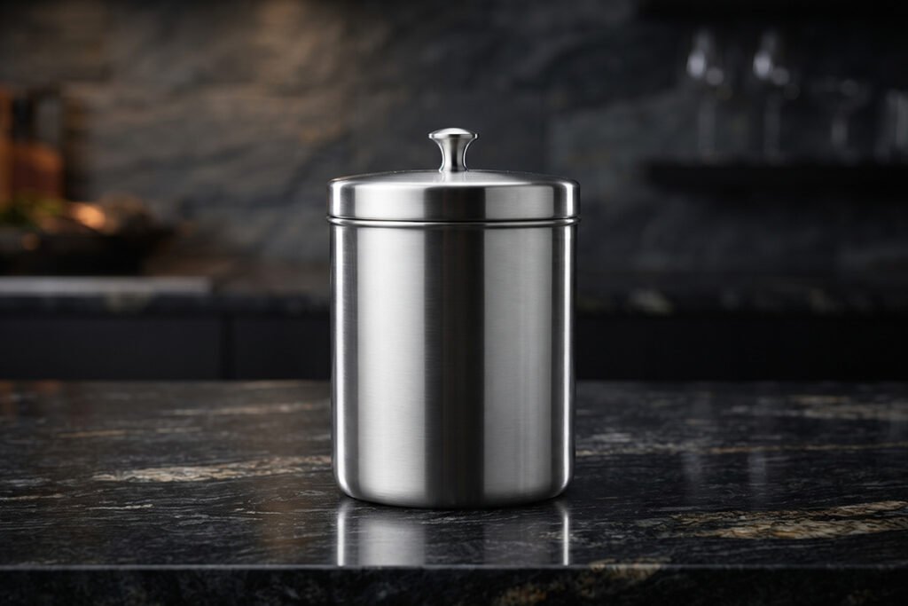 Premium quality stainless steel storage jar with a polished brushed exterior finish