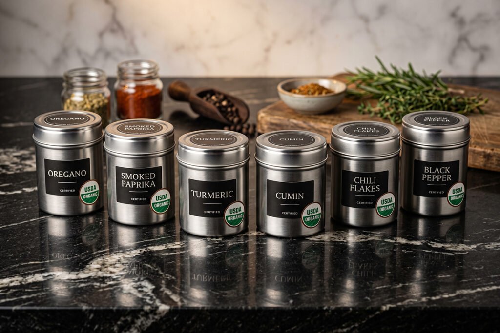 Premium spice tins with clear organic certification seals displayed on a counter