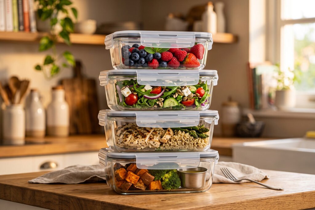 Premium stacked borosilicate glass meal prep containers filled with organized food items