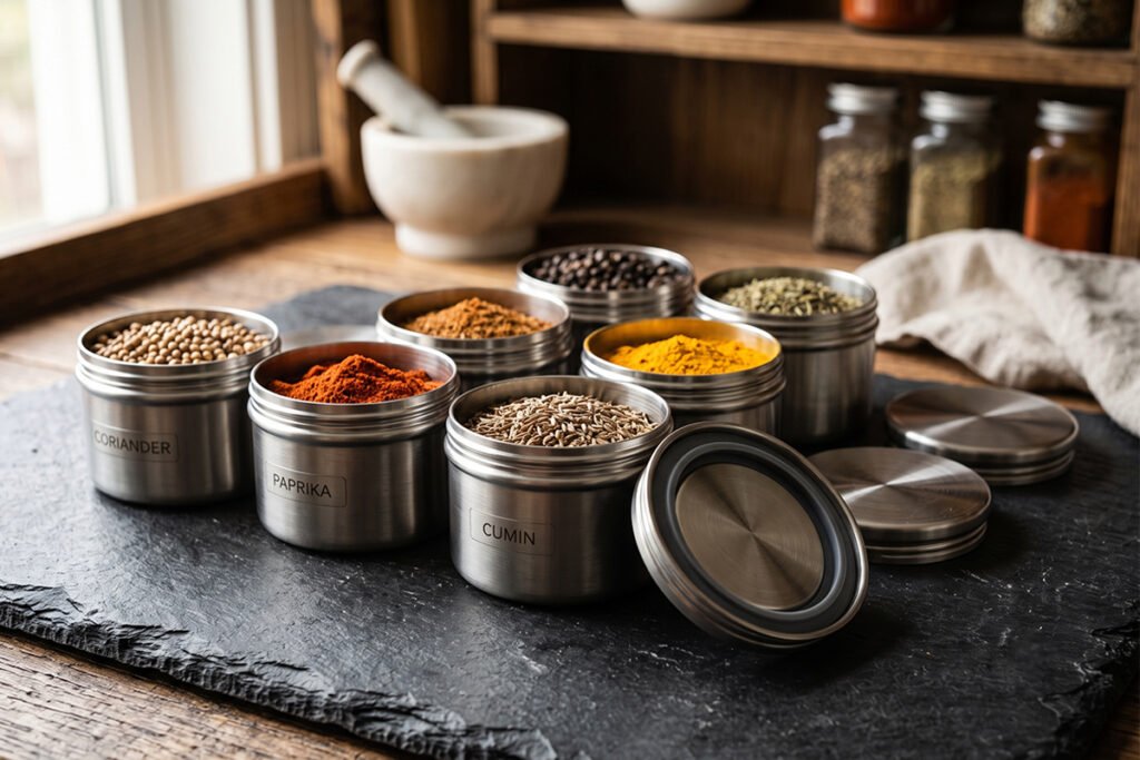 Premium stainless steel spice container set equipped with airtight silicone seals and precision-fit lids