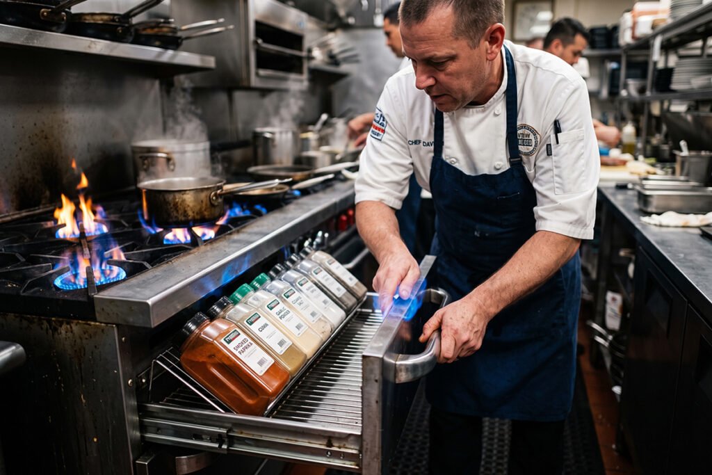 Professional chef pulling open a deep stove-side drawer packed with large spice tub