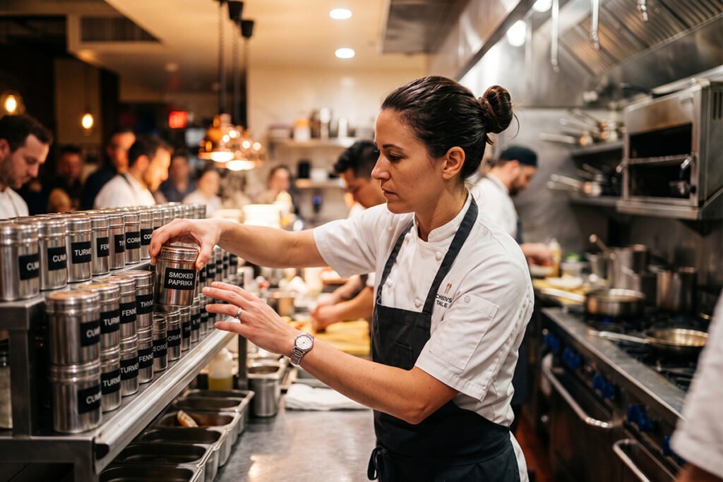 Professional chef selecting fresh spices from labeled stainless steel containers in a commercial kitchen
