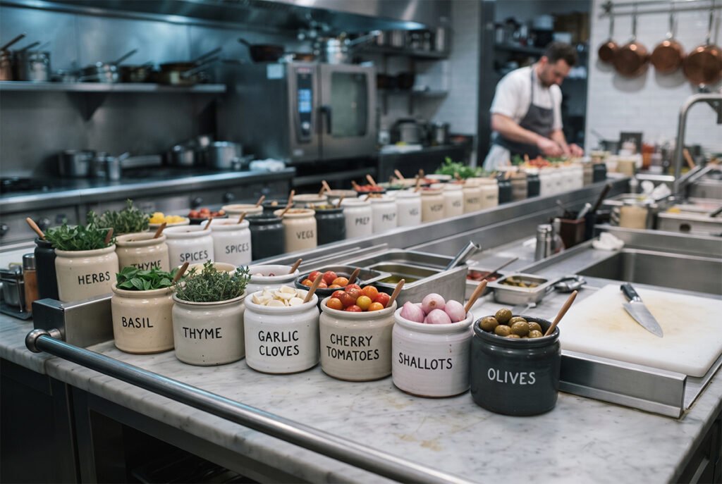 Professional kitchen prep counter featuring neat rows of organized food storage vessels