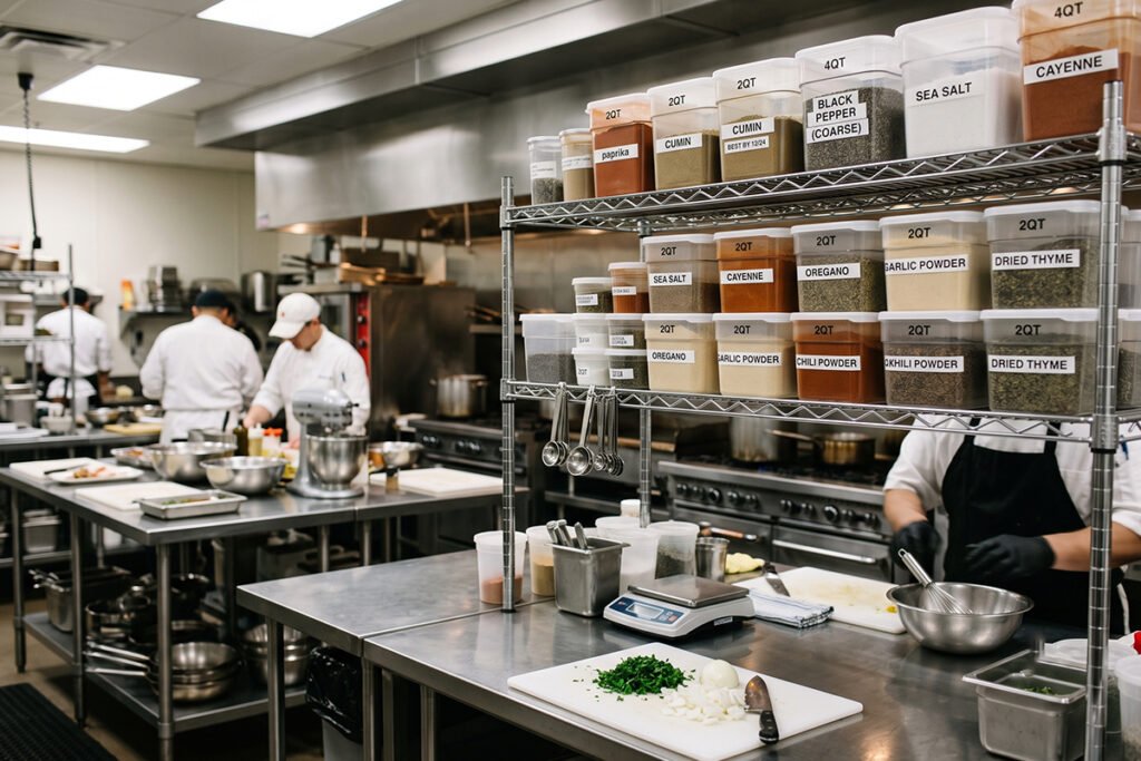 Professional kitchen prep station organized with labeled commercial spice containers