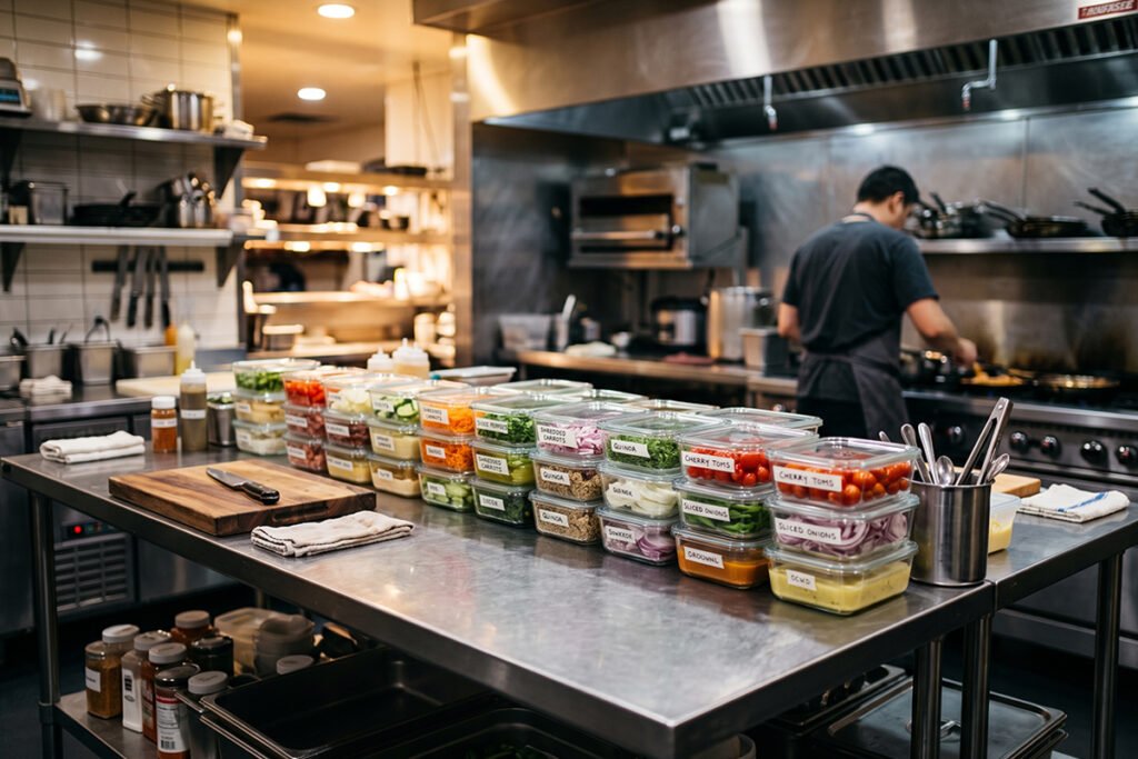Professional restaurant kitchen prep table lined with organized glass storage units