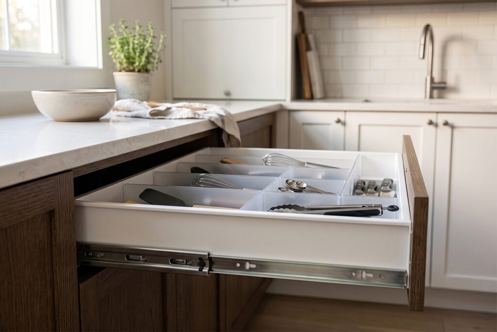 Pull-out plastic storage drawer organizer with adjustable dividers