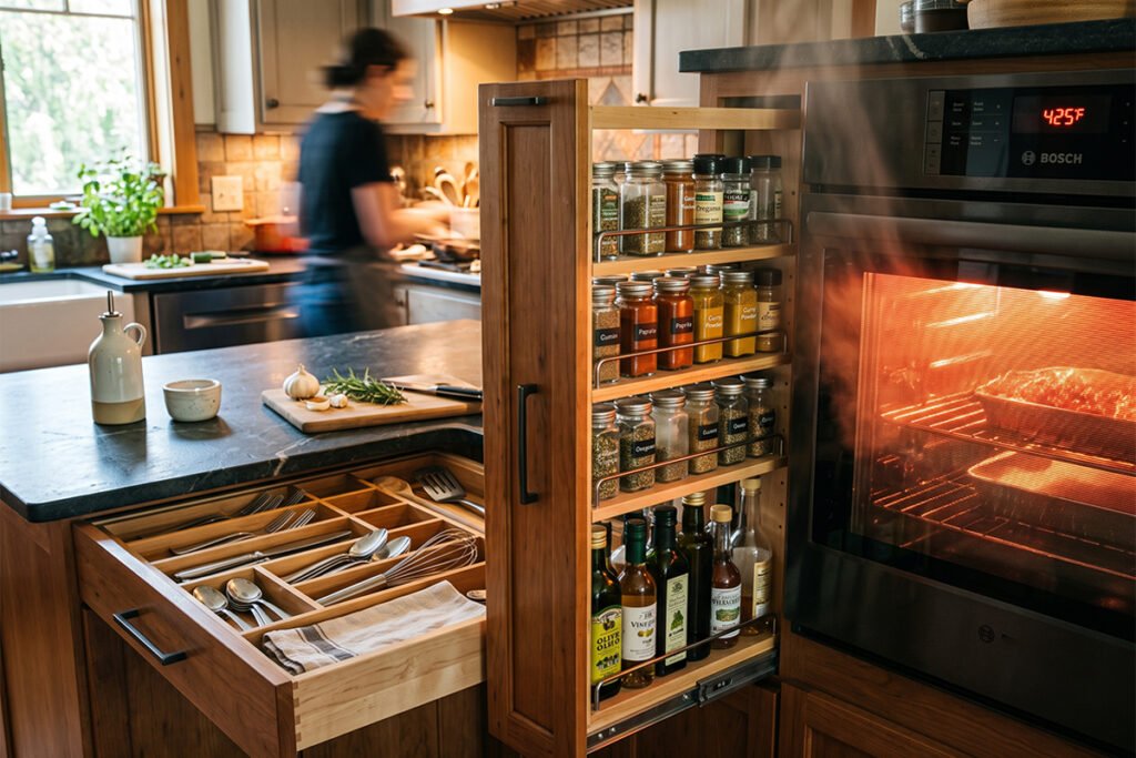 Pull-out spice rack next to a hot oven highlighting potential heat exposure iss