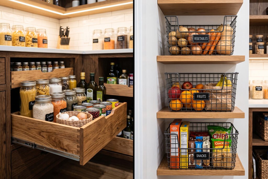Pull-out wooden pantry drawer versus stackable heavy duty steel wire baskets