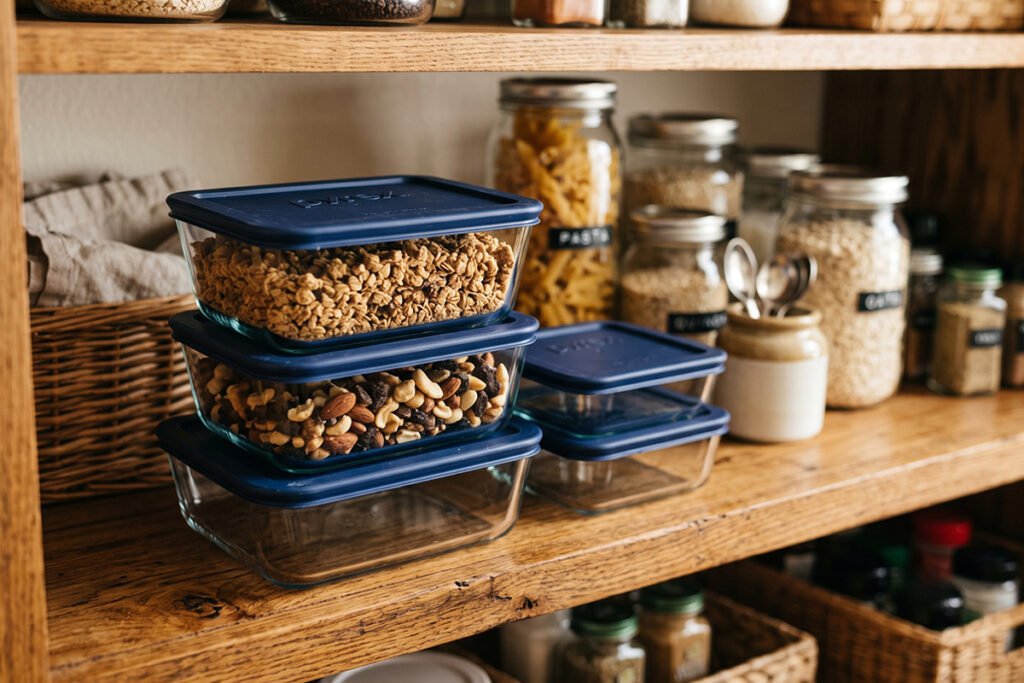 Pyrex Simply Store multi-size glass containers stacked neatly on a wooden shelf
