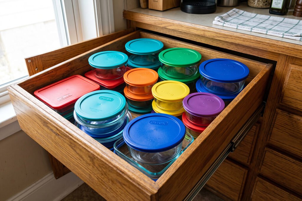 Pyrex glass dishes featuring colorful plastic lids sitting inside an open kitchen drawer.