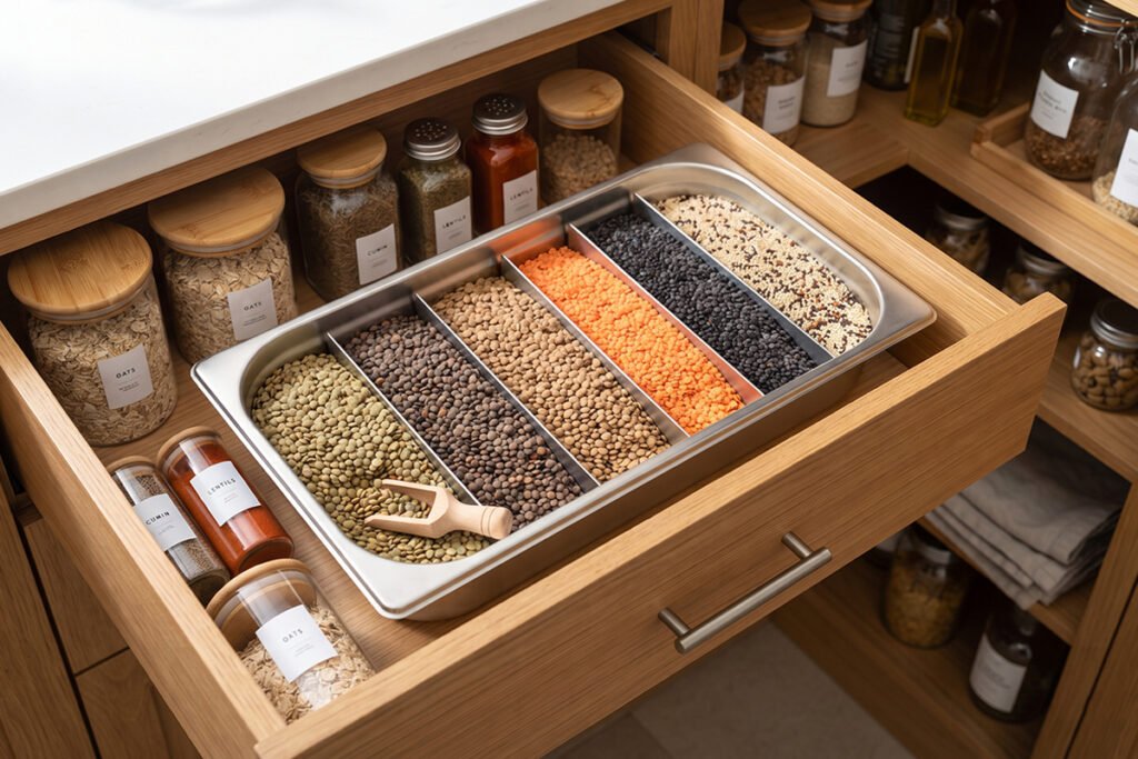 Rectangular flat stainless steel tray filled with dry goods inside a deep pantry drawer