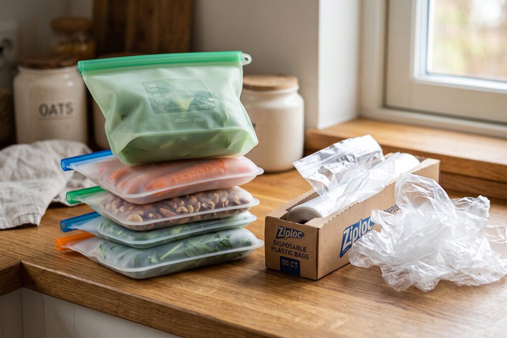 Reusable silicone food bags stacked alongside disposable plastic storage bags