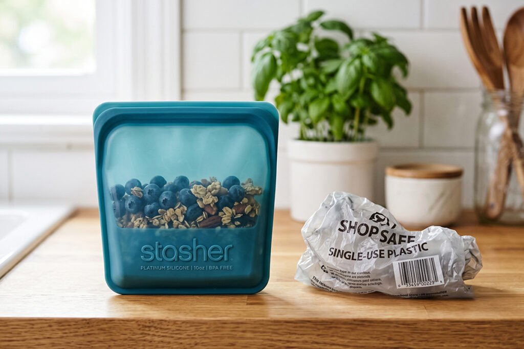 Reusable silicone food pouch shown as an alternative to single-use plastic bags