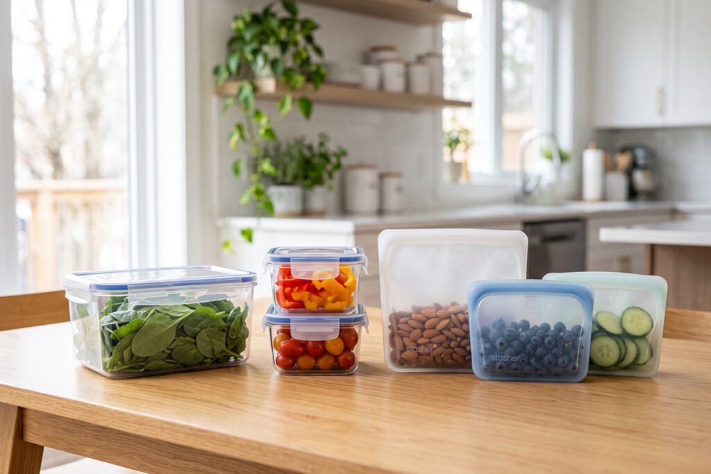 Rigid plastic food containers side-by-side with flexible plastic storage bags on a table.