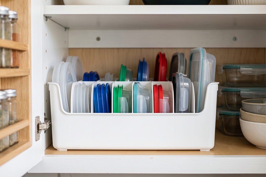 Rigid plastic organizer bin with fixed compartments holding container lids